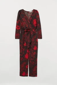 BNWT H&M Black and Red Floral Belted long sleeve Jumpsuit Size 10 - Picture 1 of 2