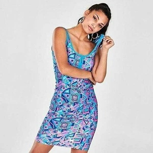 Neu Champion X MTV Damen Bodycon Kleid Geometrisch Blau Pink 90er Throwback Large - Bild 1 von 5