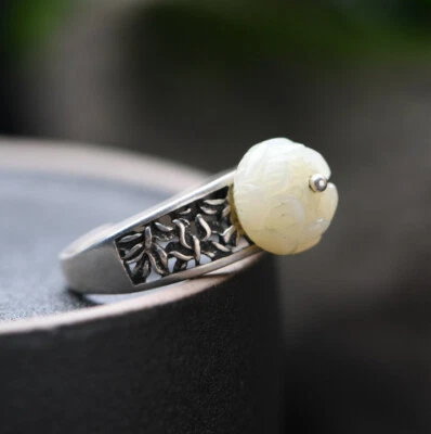 I05 Anello Motivo Perforato Fiori Bianchi Giada Argento Sterling 925 Regolabile - Immagine 1 di 4