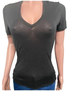 Helmet Lang XS Black Burnt Out Cut Out Back T-shirt V-neck Top Semi-sheer New T - Picture 1 of 3