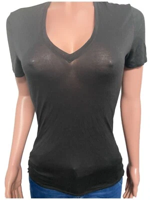 Casco Lang XS Negro Quemado Recortado Espalda Camiseta Cuello en V Top Semi Transparente Nueva T Foto 1 de 3