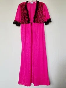 Vintage Prestige New York Hot Pink Nylon Morgenmantel mit schwarzem Spitzenbesatz Gr. M - Bild 1 von 8