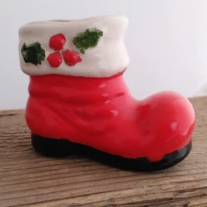 Vintage Small Santa Boot & Holly Ceramic Christmas Decoration Handmade 1972 70’s - Picture 1 of 10