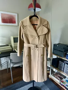 Betty Rose Vintage 1960s 1970s Collared Coat Tan Wool Belted Button Up Womens 10 - Picture 1 of 11