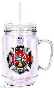 TAZA Tarro Acrílico Masón BOMBERO con Cruz Maltesa y Paja Acrílica - Imagen 1 de 1