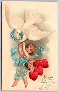 Vtg To My Valentine Cherub Cupid & Dove Forget Me Nots 1900s Embossed Postcard - Picture 1 of 2