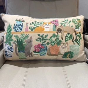 CATS & PLANTS Embroidered 14x24” Throw Pillow Siamese Tabby Cat NEW - Picture 1 of 9