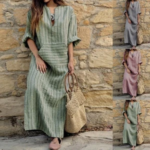 👗Plus Size Womens V Neck Maxi Long Dress Ladies Pocket Baggy Loose Kaftan Dress - Picture 1 of 17