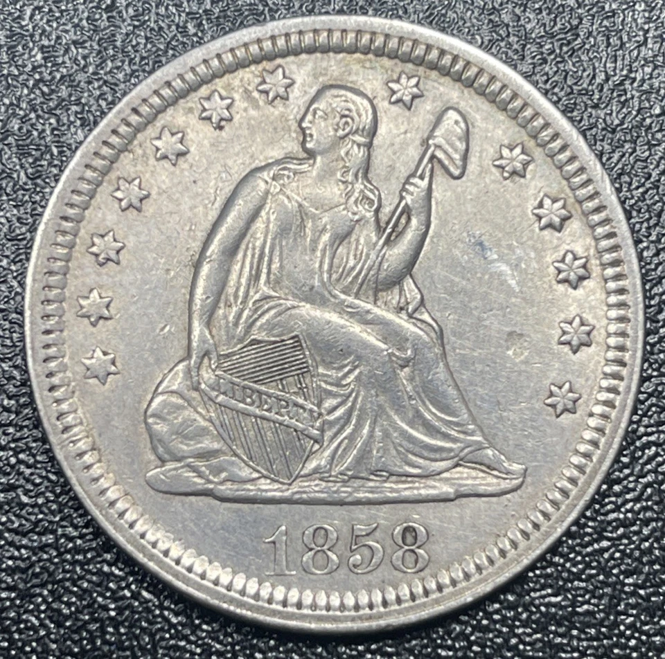 1858 Seated Liberty Quarter 25c Sharp AU Example Nice Type Coin - Image 1 of 2