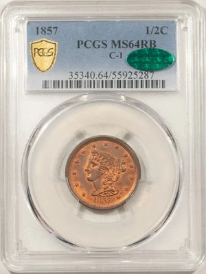 1857 BRAIDED HAIR HALF CENT, C-1 - PCGS MS-64 RB, PREMIUM QUALITY! CAC APPROVED! - Image 1 of 3