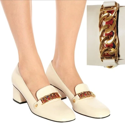 ZAPATOS GUCCI MARFIL CUERO MOCASINES BOMBAS con SYLVIE WEB CADENA A RAYAS $890 39 9 Foto 1 de 4