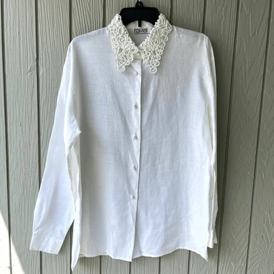 Ravel 白色 Ramie 衬衫 L Soutache 领,长袖,Cottagecore 复古 St — 第 1/4 张图片