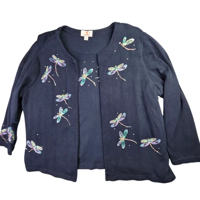 Quacker Factory Sweater Set Womens 1X Blue Dragonfly Rhinestone 2 in 1 Twinset - Image 1 of 4