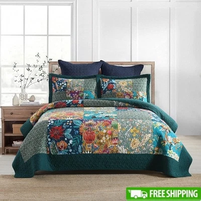 Cotton Patchwork Bedspread King Size Vintage Floral Quilt Set W/ Pillow Covers - Image 1 of 4