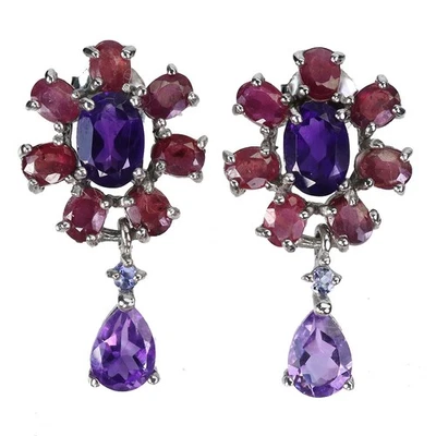 Black Friday 925 Silver Earrings Oval Amethyst 7x5mm Ruby Tanzanite Gemstone - Image 1 of 4