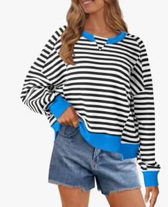 Gestreiftes Oversize-Cropped-Sweatshirt mit Farbblock für Damen – Y2K Rundhalsausschnitt Large - Bild 1 von 8