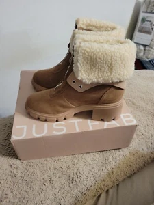 NIB Women's Just Fan Booties Betsy Shearling Cuff Rugby Tan Boots Size 8 - Picture 1 of 9