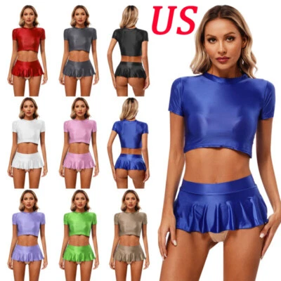 Womens Outfits Ruffled Swimsuit 2Piece Crop Tops and Skirt Satin Miniskirt Club - Image 1 of 3