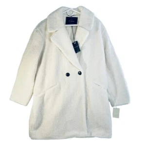 LUCKY BRAND Womens Faux Fur Shearling Button Up Long Teddy Coat White MSRP $225 - Picture 1 of 9