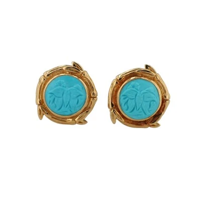 Stephen Dweck 18k Gold Luxury Hand Carved Turquoise Clip On Earrings - Image 1 of 3