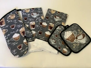 Coffee Time 5 Pc Kitchen Towel Set - 2 Towels, 2 PotHolders, 1 Oven Mitt - NWT - Picture 1 of 6