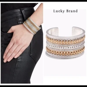 New NWOT $55 Lucky Brand Two Tone Tribal Pave Wide Cuff Bracelet Silver Gold - Picture 1 of 6