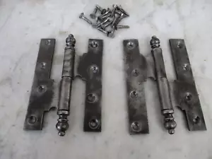 Vintage Large 6" Strong Pair Door Iron Hinges & Screws Old Functional Hardware - Picture 1 of 16