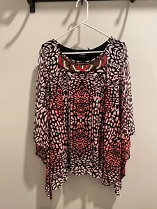 Rafaella Sz XL Artsy Coral/ Black/ White SemiSheer Poncho Top Blouse w/Knit Tank - Picture 1 of 5