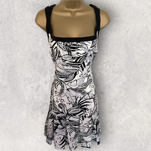 Vestido de sol Karen Millen para mujer negro blanco tropical de verano estampado floral Reino Unido 12/14 - Imagen 1 de 4