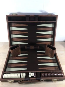 Backgammon Travel Board Game Leather Brown Case Vtg suitcase dice family game - Picture 1 of 15