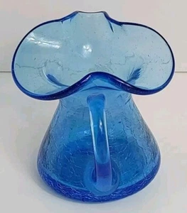 Vintage Blue Crackle Glass Pitcher With Flared Rim & Handle - Picture 1 of 7