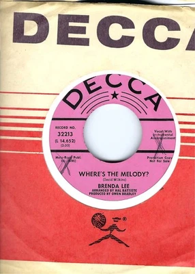 BRENDA LEE- "WHERE'S THE MELODY"/"SAVE ME FOR A RAINY DAY"- DECCA- PROMO - Image 1 of 2