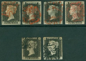 1840 1d Schwarze x6, 4 mit rotem Malteserkreuz, 2 mit schwarzen. 3-4 Rand, überwiegend... - Bild 1 von 2