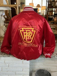 Vintage 90s Pennsylvania Railroad Red Satin Bomber Jacket USA 3XL XXXL Auburn - Picture 1 of 22
