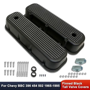For Chevy BBC 396 427 454 1965-1995 Retro Finned Black Tall Valve Covers w/ Hole - Picture 1 of 6
