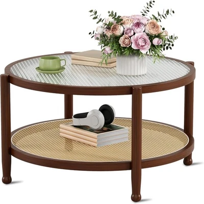 Coffee Table/Coffee Side Table - Bohemian Style, Rattan Round + Tempered Glass - Image 1 of 4
