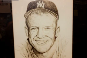 Mickey Mantle Pencil Drawing by Jan Higgins 1992 14X17 Matted & Framed - Picture 1 of 3