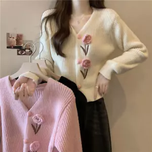 Women Knitted Top Coat Cardigan Sweater Crochet 3D Flower Jacket Casual Ethnic - Picture 1 of 19