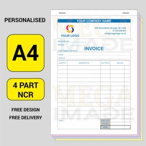INVOICE BOOK, PERSONALISED A4, 4 PART/ NCR / RECEIPT/ ORDER, 50 SETS / PAD - Picture 1 of 4