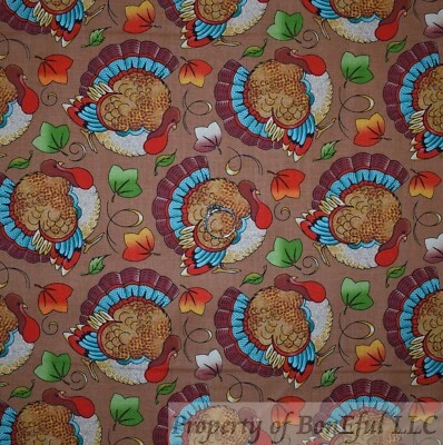 BonEful Fabric FQ Cotton Quilt Brown Turkey Bird Fall Leaf Color Thanksgiving US - Image 1 of 4