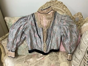 Victorian Ladies Bodice Lace & Velvet Trim Paisley Design Pink & Blue #H - Picture 1 of 8