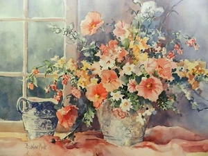 A Bouquet for Mother by Barbara Mock Peach Pink Flowers Floral  Decor Art Print - Picture 1 of 8