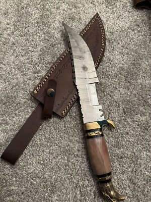 Damascus Steel Fixed Blade Knife – Wood Handle, Brass Eagle Head Pommel,handmade - Image 1 of 2