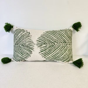 Cotton Tropical Green Leaf Palm Pattern Throw Pillow With Green Tassels 17”x10” - Picture 1 of 6
