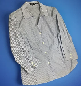 Jones New York Signature Easy Care Striped Blue Nautical Button Up Small Shirt - Picture 1 of 10