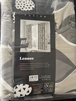Fusion Lennox Geometric Ogee 100% Cotton Eyelet Fully Lined Curtains Pair Grey - Image 1 of 2