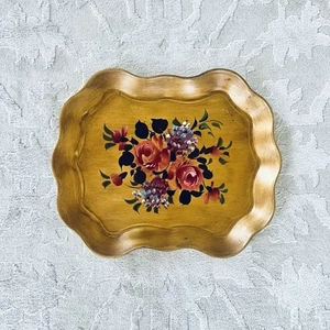 Vtg Nashco Gold Toleware Tray Hand Painted Pink Flowers Shabby Chic Scalloped - Picture 1 of 6