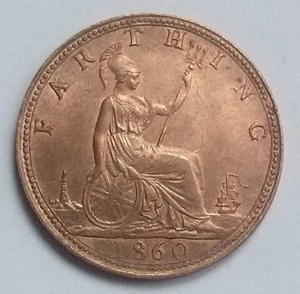 1860 Farthing Coin Queen Victoria Beaded Border Uncirculated - Picture 1 of 2