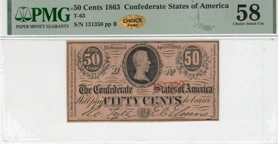 T-63 PF-2 1863 $0.50 Confederate Paper Money - PMG Choice About Unc 58 - CHOICE - Image 1 of 2