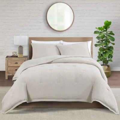 WellBeing by Sunham Waffle Weave 3-Piece Comforter Set, Full/Queen, Linen - Image 1 of 4